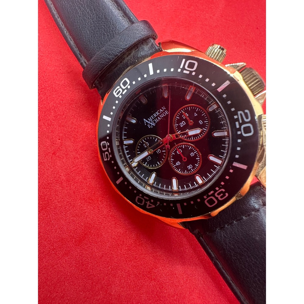 American Exchange Mens Gold Tone Chronograph Style Watch Black Leather Strap - Picture 3 of 14